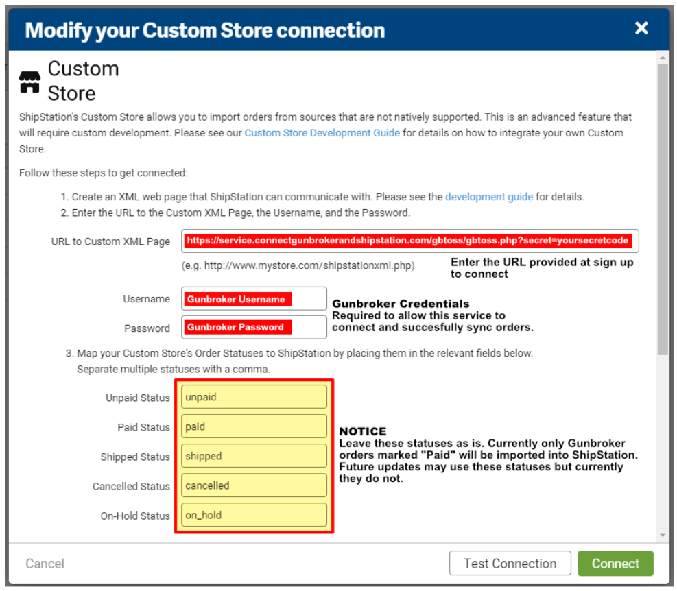 Demonstration of where to modify your Custom Store details for importing shipping information to GunBroker from ShipStation.